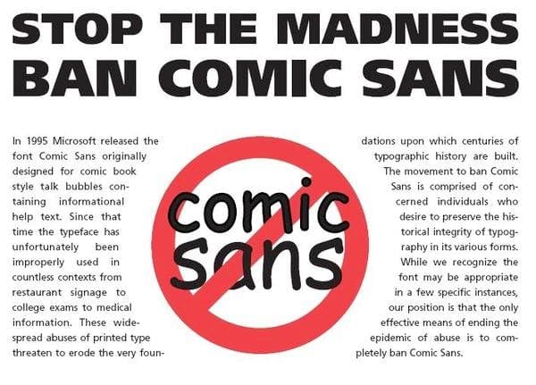 Bannière anti-comic sans dont le titre est : Stop the madness ban comic sans