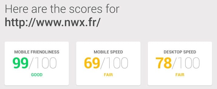 Résultat de tests sur thinkwithgoogle.com avec la page d’accueil nwx.fr