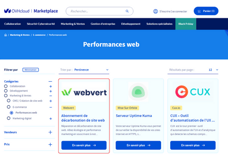 screenshot de la page Marketplace OVHcloud, et de la catégorie à chercher pour trouver webvert